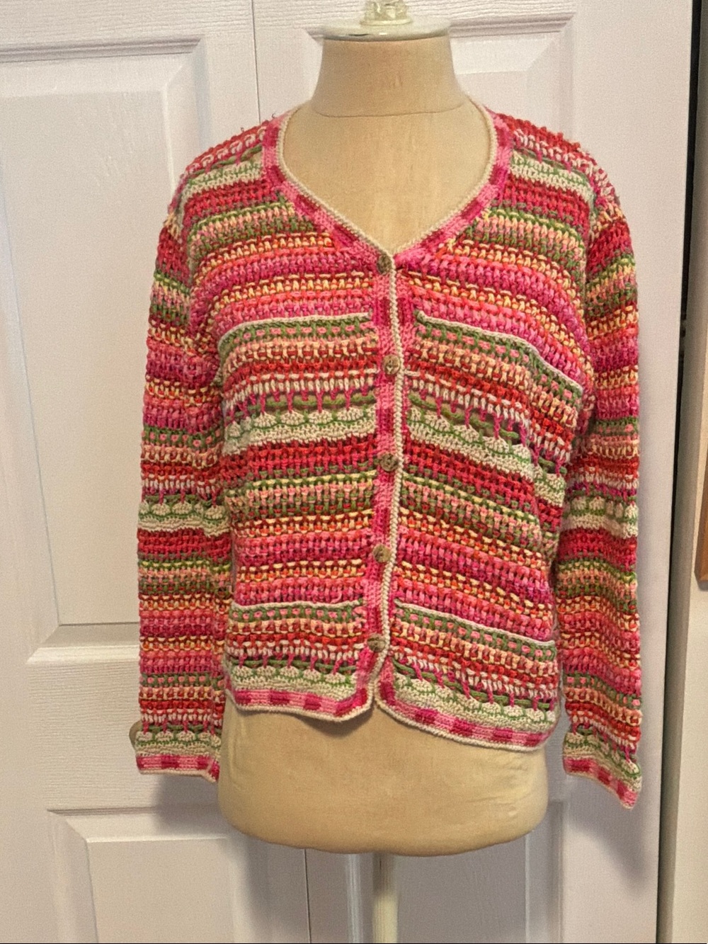 Curio Multicolor Crochet Stripe Cardigan - Pink & Green